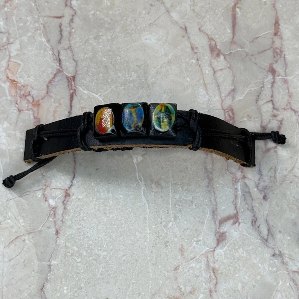 Black Leather Bracelet with Multicolor Accents
